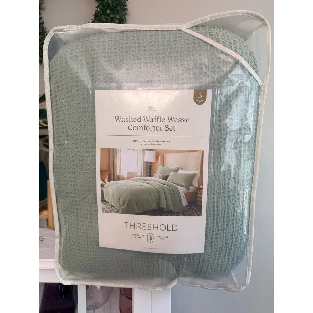 Threshold Waffle Weave Comforter Set King Sage Green 3pc Cotton‎ NWT